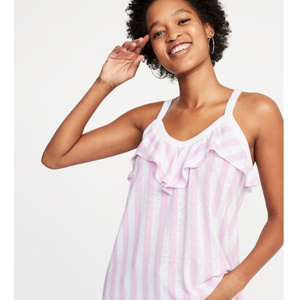 👗Sleeveless Pink striped Ruffle Trim Top
